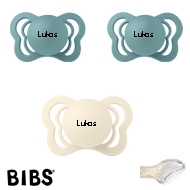 BIBS Couture Sutter med navn str1, 1 Ivory, 2 Island Sea, Anatomisk Silikone